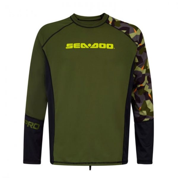 With Sea-Doo's Camo long sleeve men's rashguard, there's no need to sacrifice comfort and protection on your PWC ride. An essential part of any Sea-Doo PWC riding gear collection, this rashguard features SPF 50+ UV Lycra protection. A relaxed fit allows for more comfort, while its functional cut allows you to move freely. Available in camo, sizes XS to 2XL. 85% Polyester, 15% Spandex.