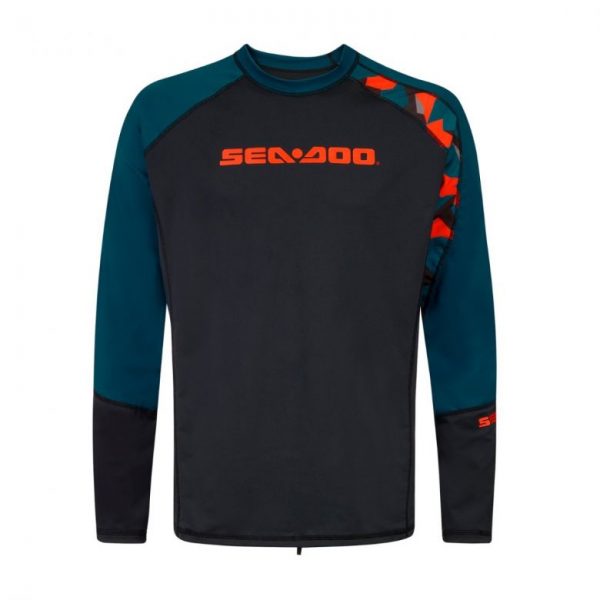 An essential part of any Sea-Doo PWC riding gear collection, the Catching Waves long sleeve men's rashguard not only offers riders comfort and warmth, it also provides superior protection against the sun, rashes and other skin irritation. With SPF 50+ UV Lycra protection. A relaxed fit allows for more comfort, while its functional cut allows you to move freely. Sizes XS to 2XL.